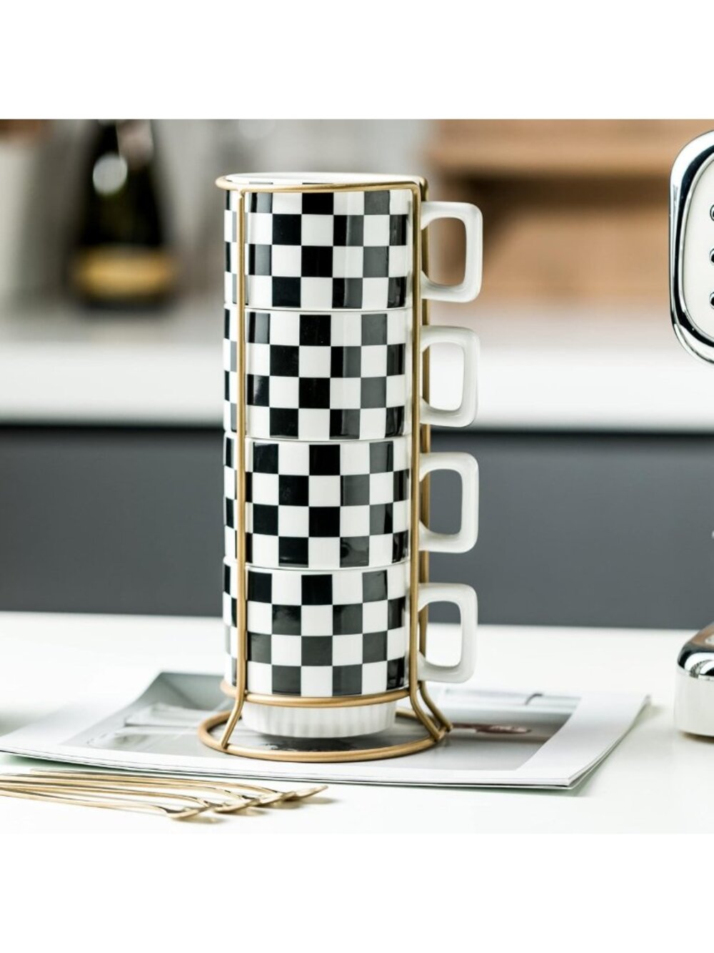 4-Piece Stackable Coffee Mug Set with Rack & Spoons - Space-Saving Design - Picture 2 of 9